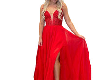 Load image into Gallery viewer, Plunging See Through Corset Blue Straps Prom Dresses Slit  P630
