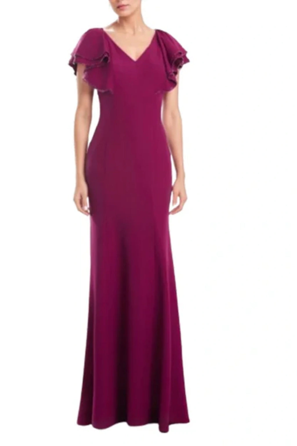 Magenta mermaid mother of the bride dress with V-neckline, soft flutter sleeves, and floor-length fitted silhouette