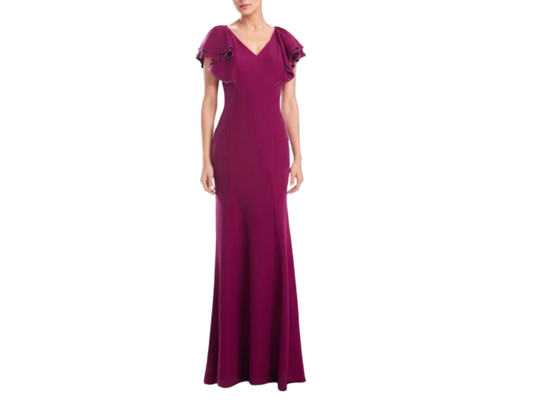 Buttoned Magenta Long Sheath Mother of Bride Dress With Flutter Sleeves