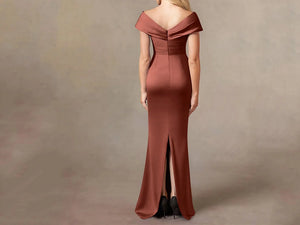 Auburn Satin Off The Shoulder Mother of The Bride Dress