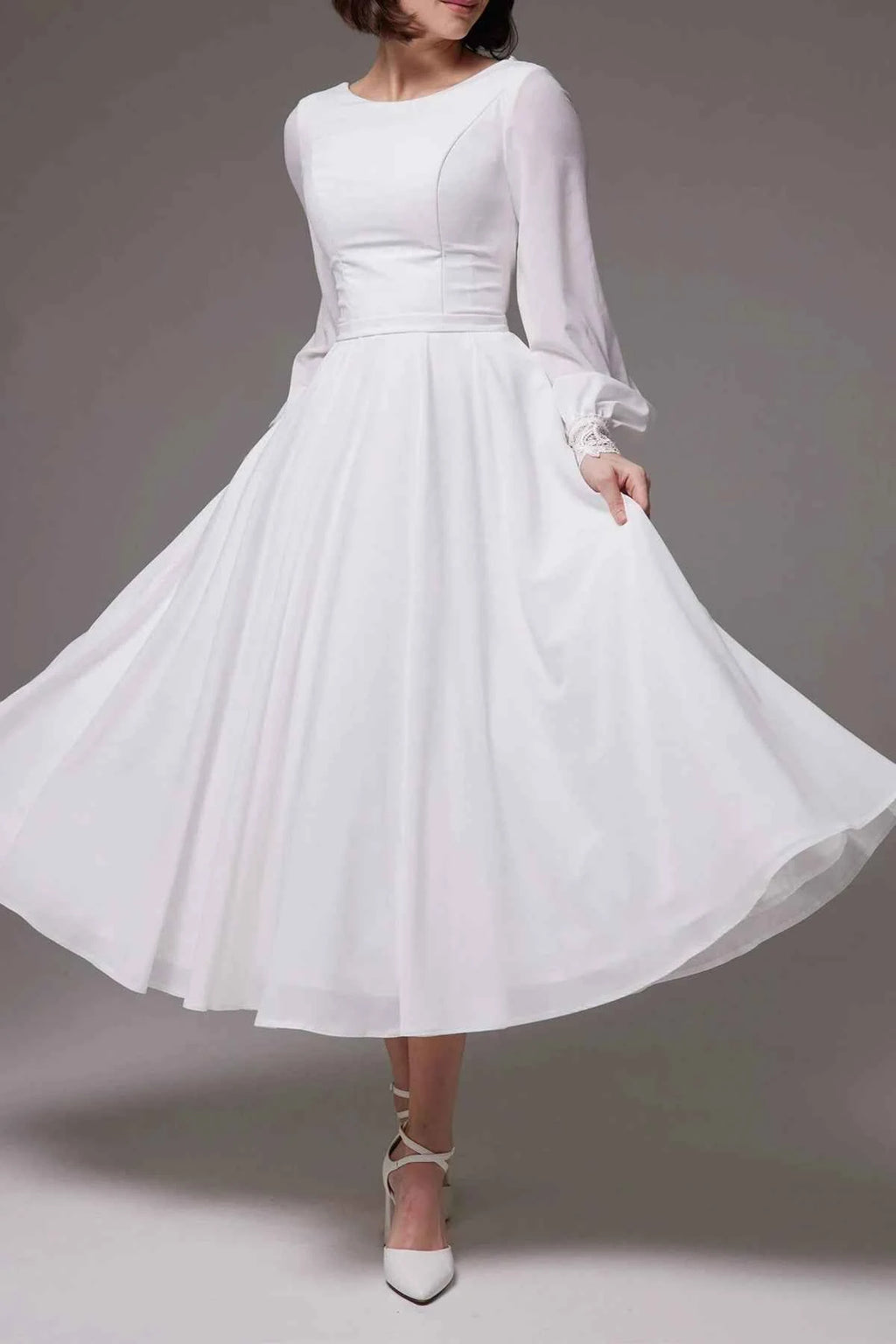 Modest White Chiffon Tea-Length Wedding Dress with Long Sleeves – promboutiqueonline