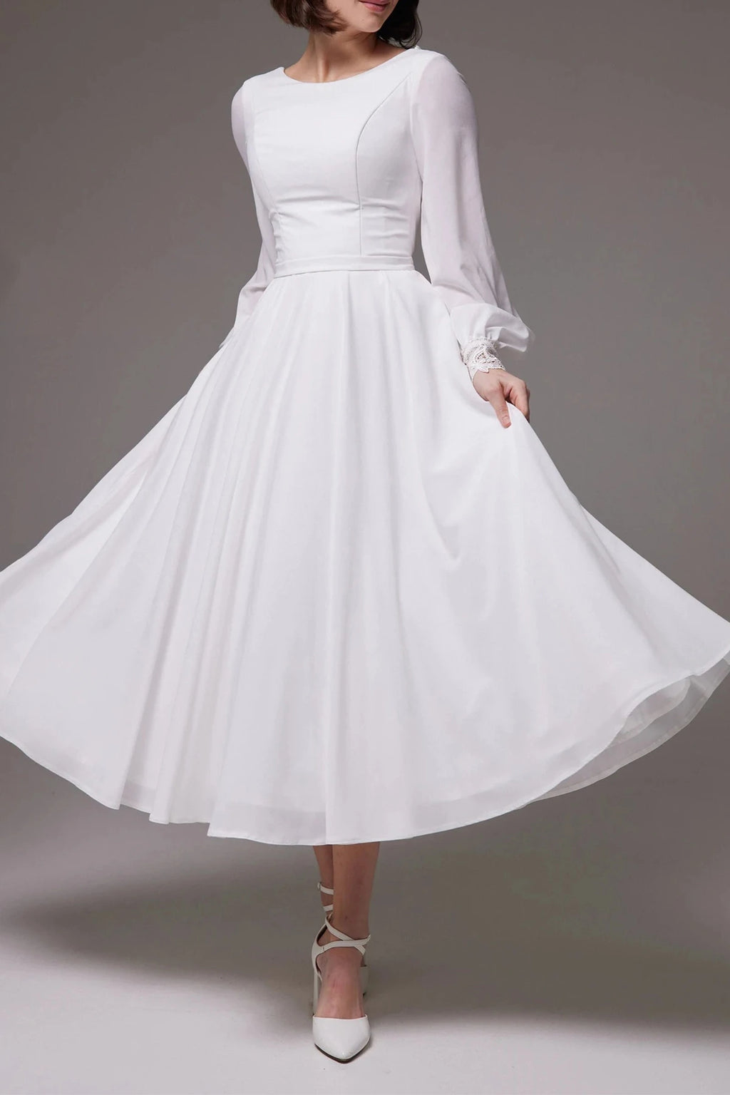 Timeless White Chiffon Modest Bridal Dress Featuring Long Bishop Sleeves and Pleated Waistband