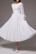 Timeless White Chiffon Modest Bridal Dress Featuring Long Bishop Sleeves and Pleated Waistband