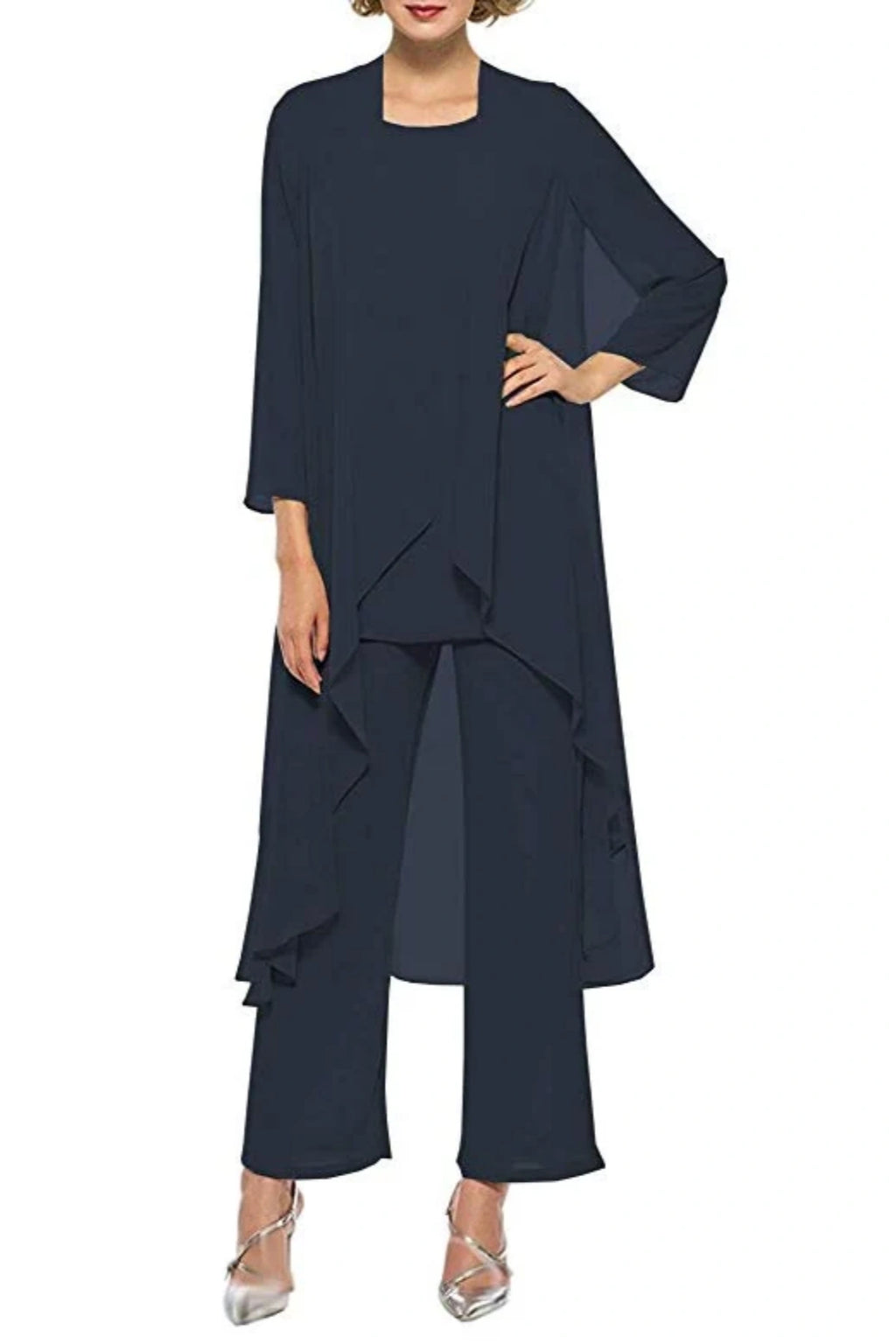 navy blue chiffon mother of the bride dressy pantsuit with sleeveless tank, straight long trousers and three quarter sleeves long jacket