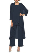 navy blue chiffon mother of the bride dressy pantsuit with sleeveless tank, straight long trousers and three quarter sleeves long jacket