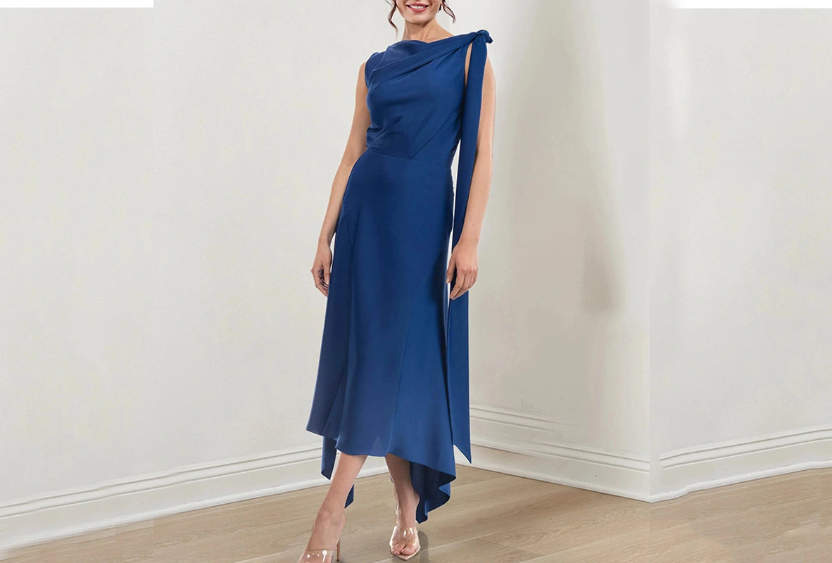 Asymmetric Navy Blue Mother of the Bride Dress with Jewel Neck