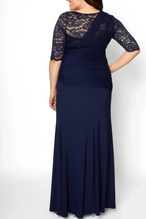 Navy blue mother of the bride dress with lace illusion back, ruched chiffon waist, and floor-length skirt, elegant formal wedding guest dress