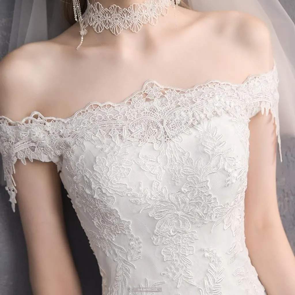 Off Shoulder Straight Neck Trumpet Wedding Dresses with Train - promboutiqueonline