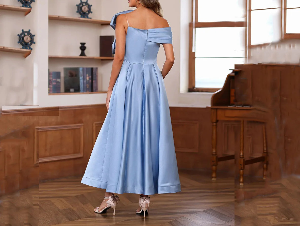 Blue Satin Off Shoulder Dress with Big Bowknot