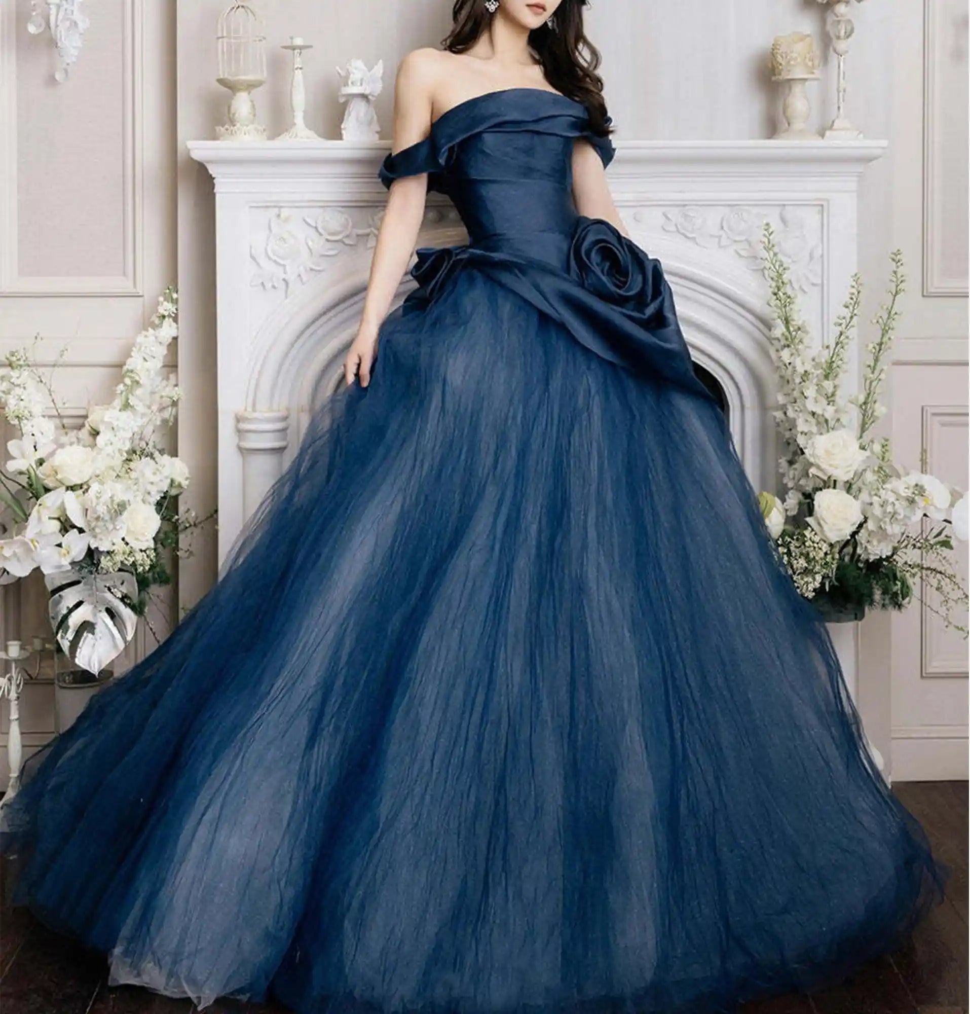 Off The Shoulder Blue Wedding Gown with Elegant Flower Detail