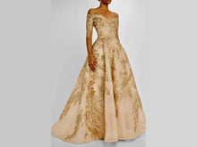 Load image into Gallery viewer, Gold Off The Shoulder Leather Appliqued MOB MOG Dress with Sleeves
