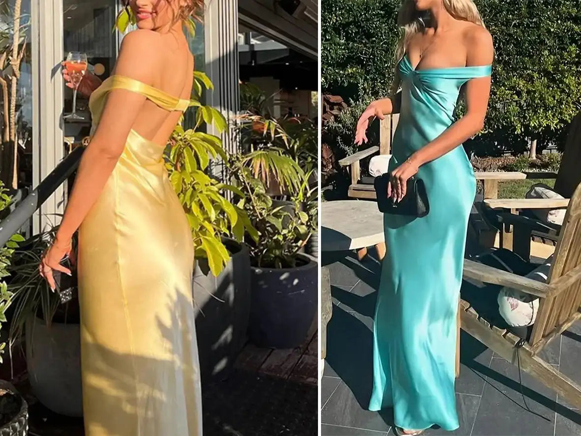 Yellow Satin Prom Dress Off The Shoulder for Girls - Sheath Party Dress
