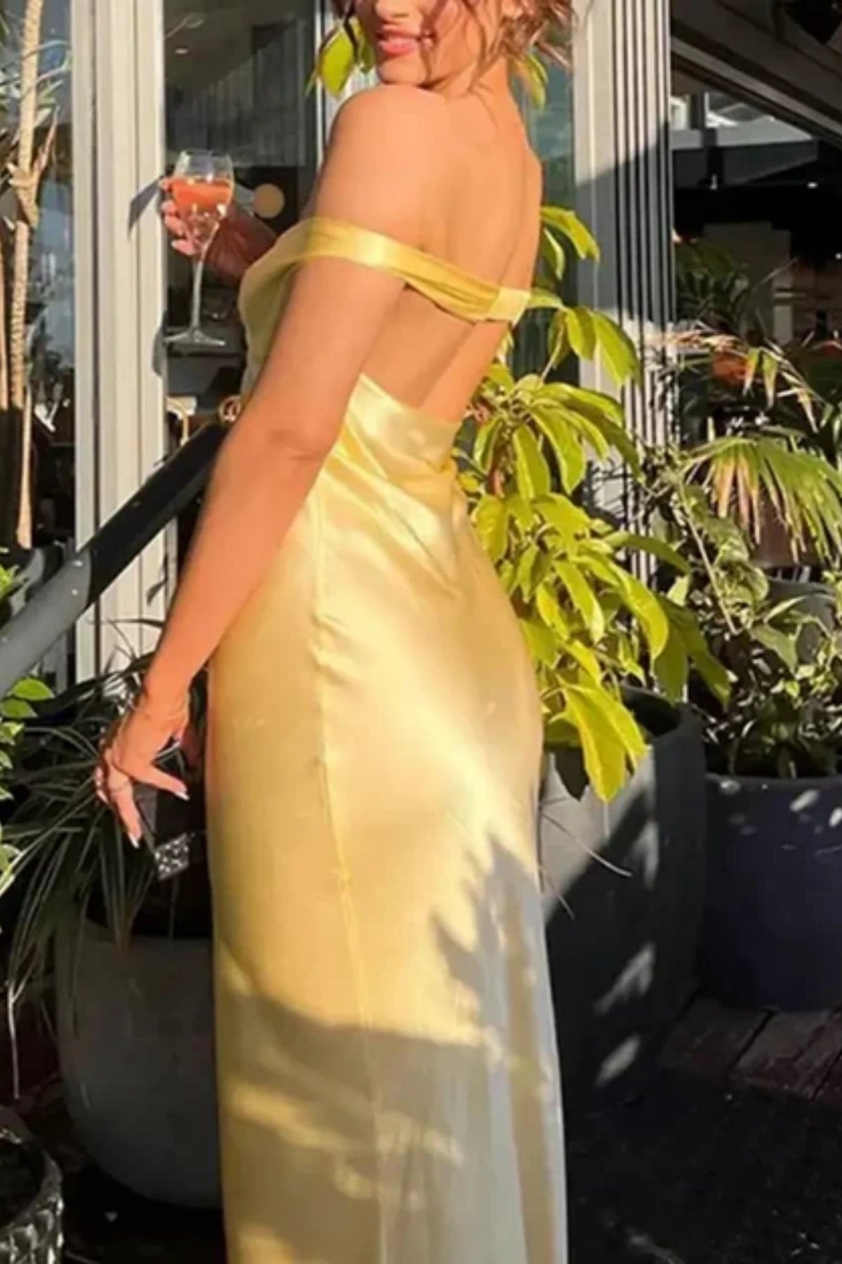 side and back details of off shoulder yellow prom party dress