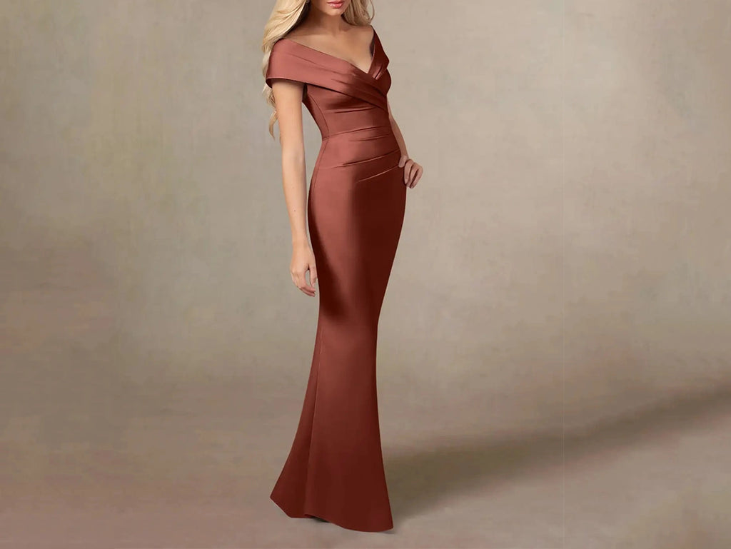 Auburn Satin Off The Shoulder Mother of The Bride Dress for Elegant Celebrations