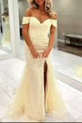 yellow prom dress with off the shoulder neckline in mermaid silhouette