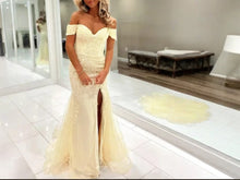 Load image into Gallery viewer, Yellow Off The Shoulder Fit and Flare Mermaid Prom Dress with Slit P688
