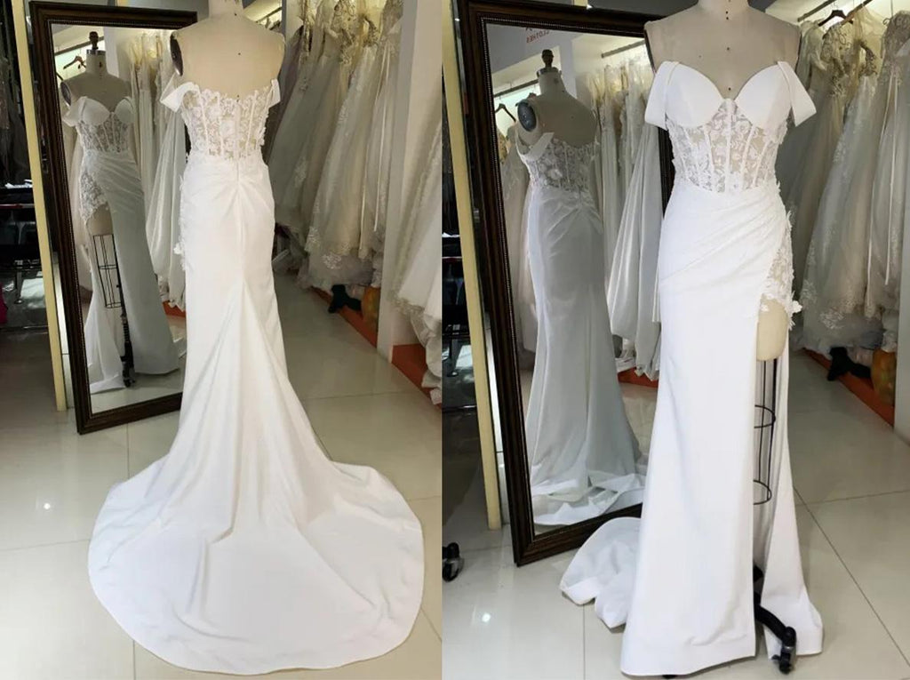 Off Shoulder Wedding Dress with Flowers, Ruched Corset, and Slit