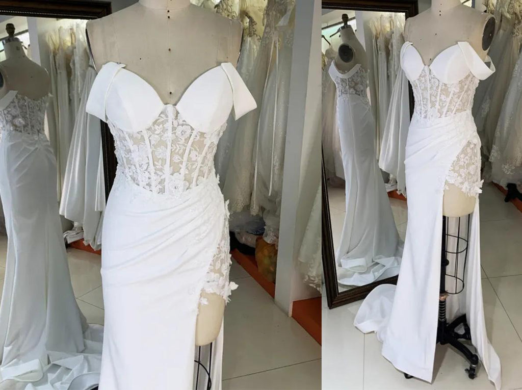 Off Shoulder Wedding Dress with Flowers, Ruched Corset, and Slit