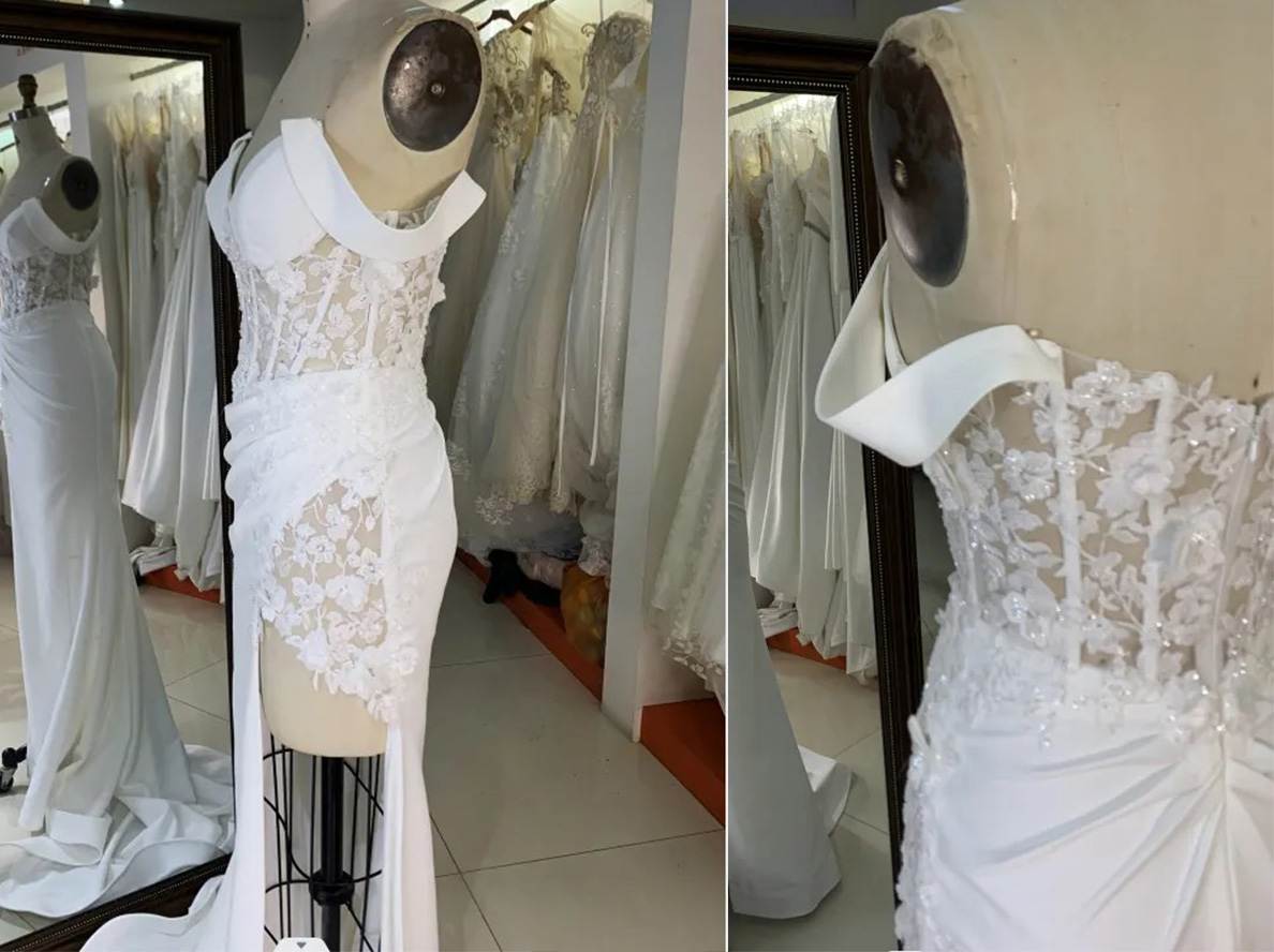 Off Shoulder Wedding Dress with Flowers, Ruched Corset, and Slit