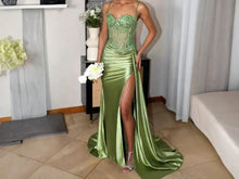 Load image into Gallery viewer, Olive Green Drapped Straps Corset Sheath Prom Dress with Slit