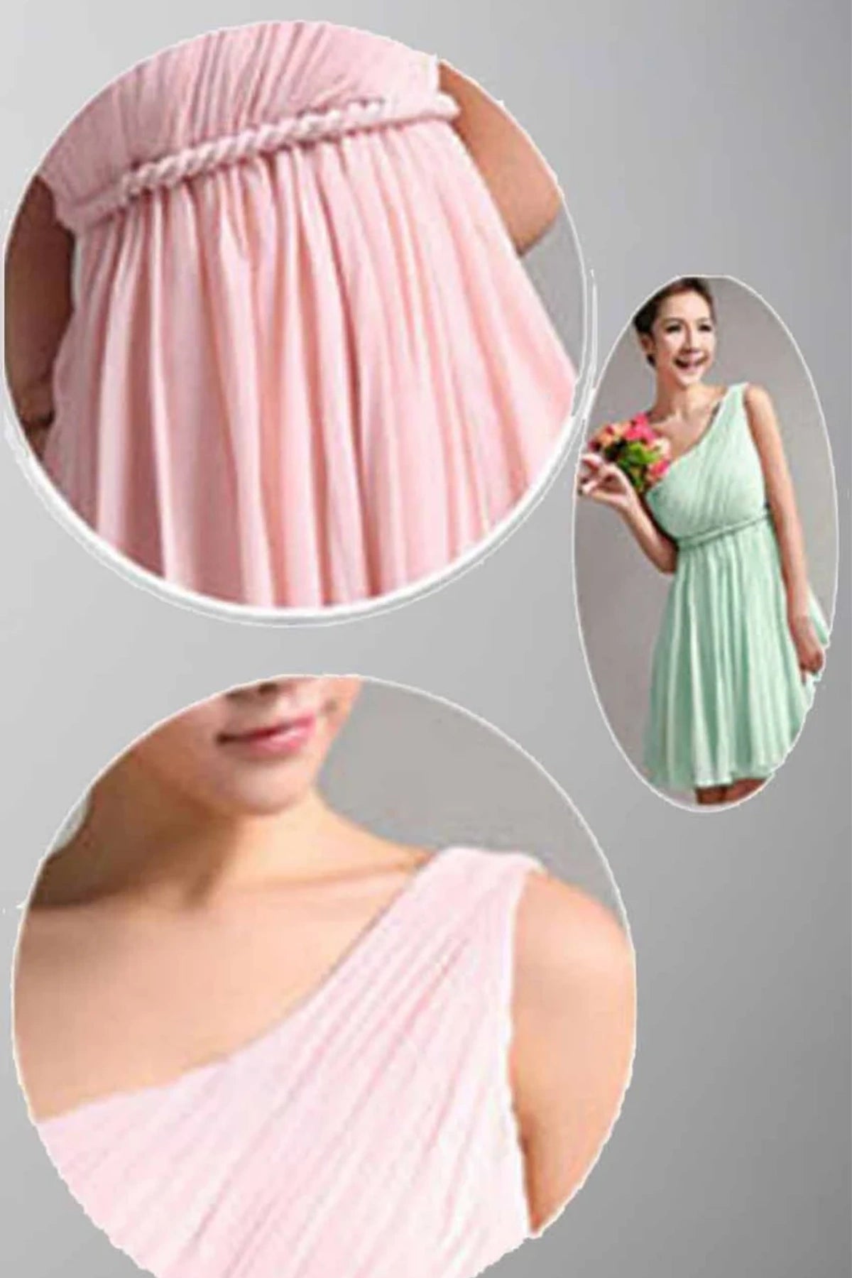 Grecian One Shoulder Bridesmaid Dress in Pink with Short Braided Empire Design