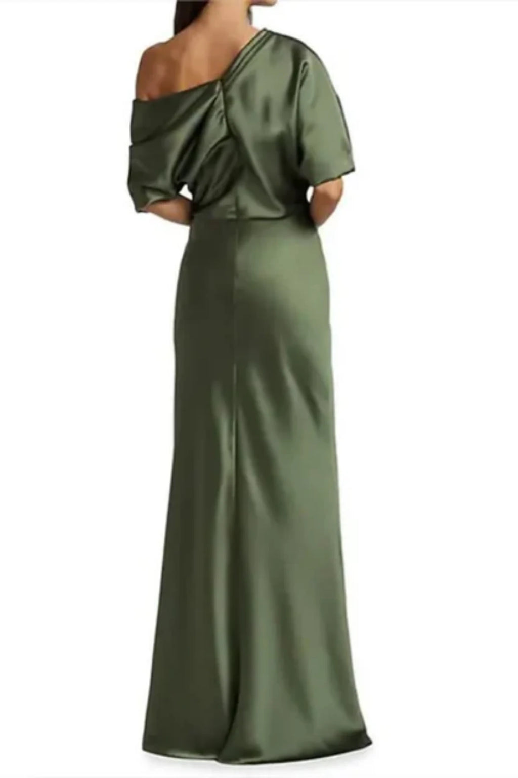 Full back view of a long army green column sheath dress for a wedding, displaying a clean back design, side zipper closure, and a minimal floor-length hem