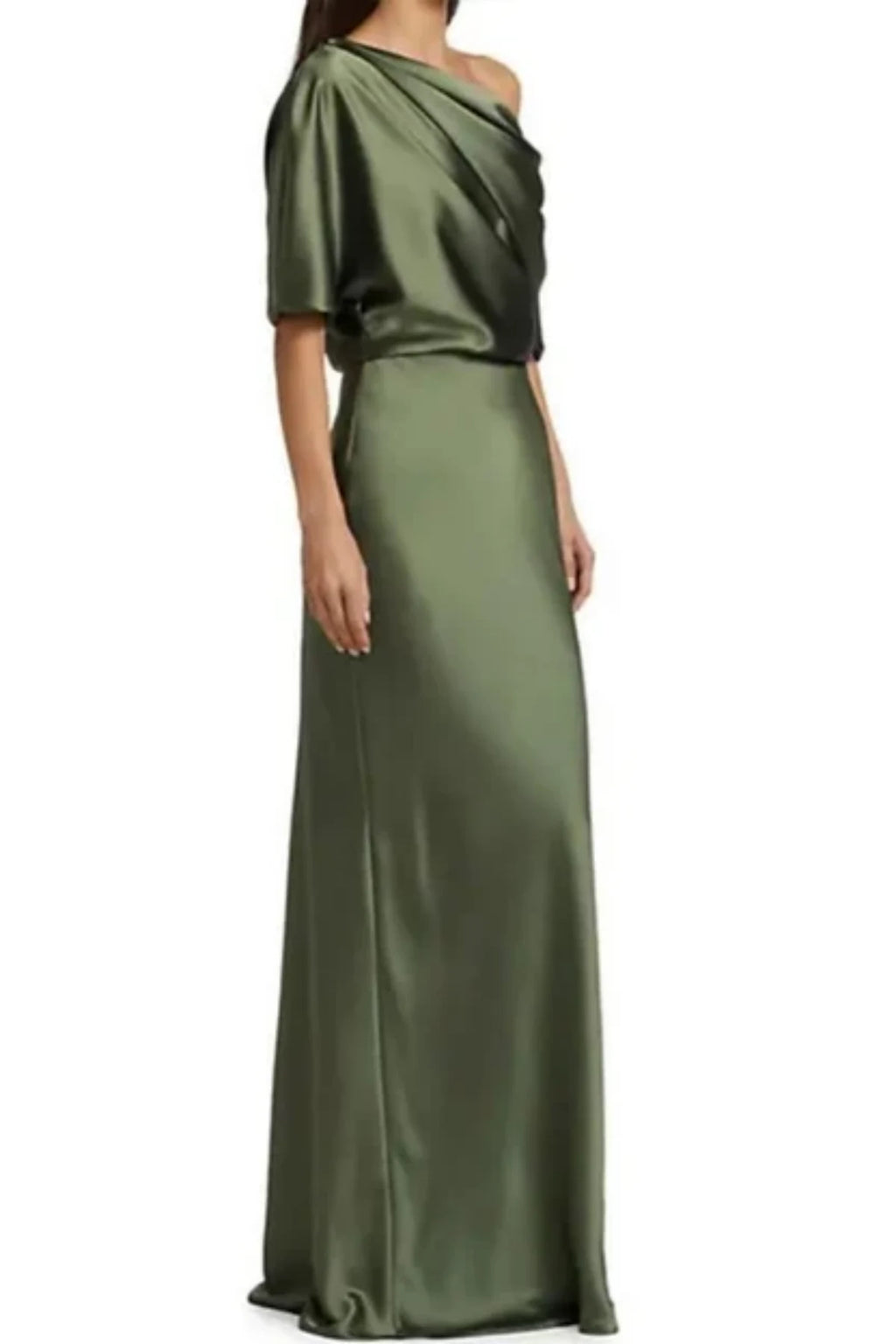 Full-length side view of an army green mother of the bride dress featuring an asymmetrical one-shoulder neckline, a draped bodice, and a long column skirt on a mannequin