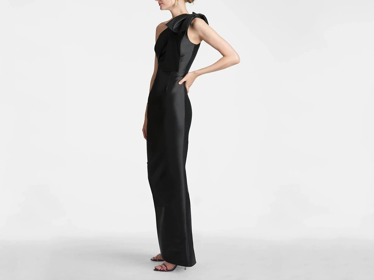 Black Satin Mother of the Bride Dress with One Shoulder and Bows P61