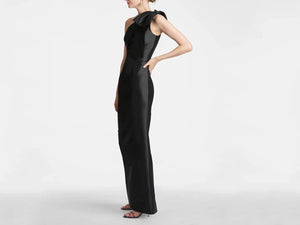 Black Satin One Shoulder Mother of the Bride and Groom Dress with Bows P61