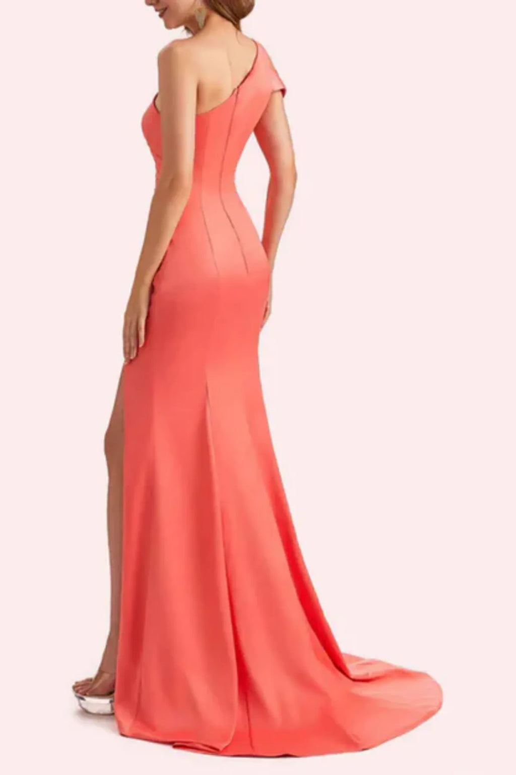 Full-length front view of a vibrant coral satin mother of the groom dress on a mannequin, featuring an asymmetrical one-shoulder neckline, a ruched bodice, and a mermaid skirt with a high leg slit