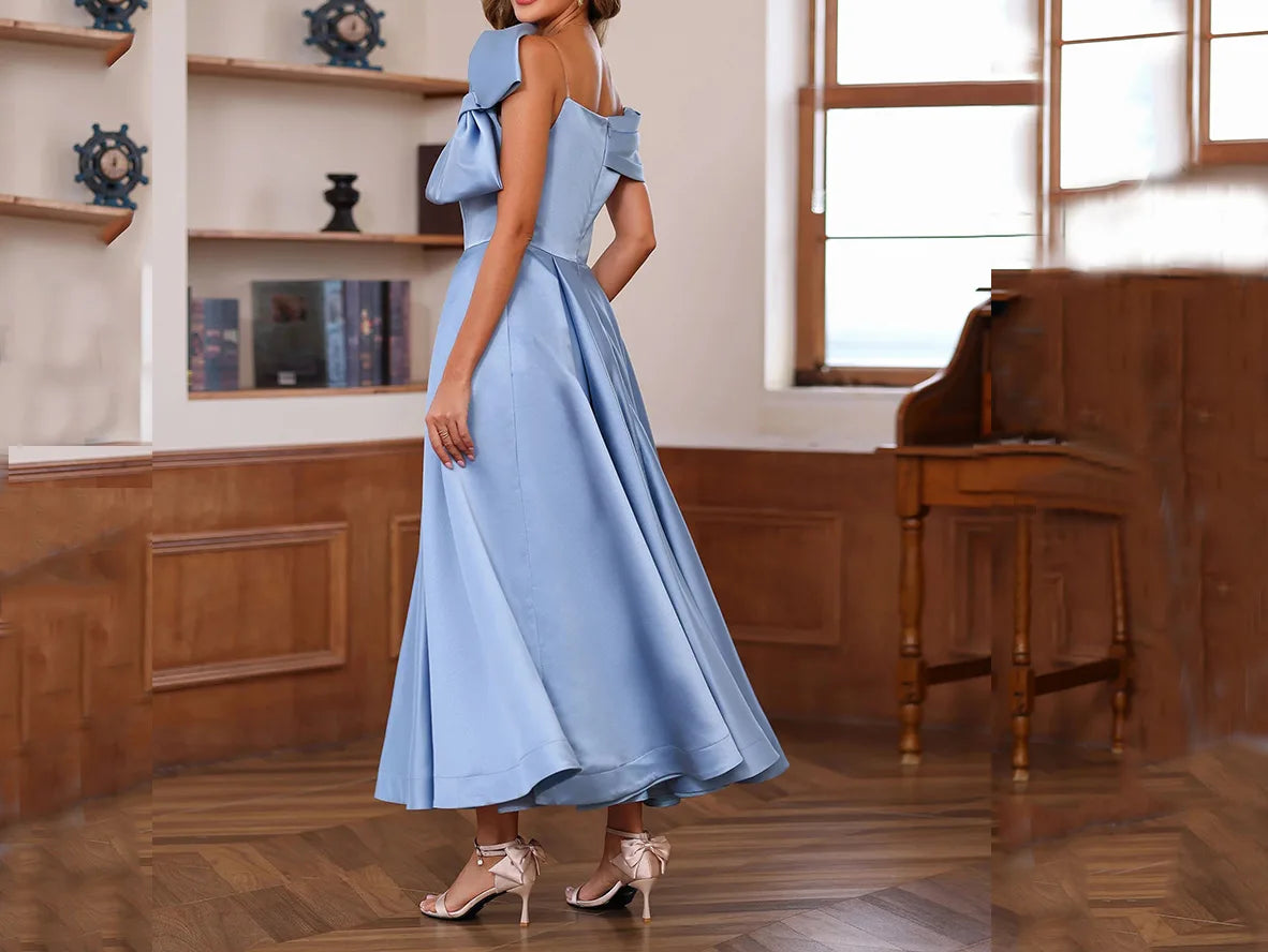 Blue Satin Off Shoulder Dress with Big Bowknot