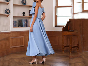 Blue Satin Off Shoulder MOB Dresses with Big Bowknot