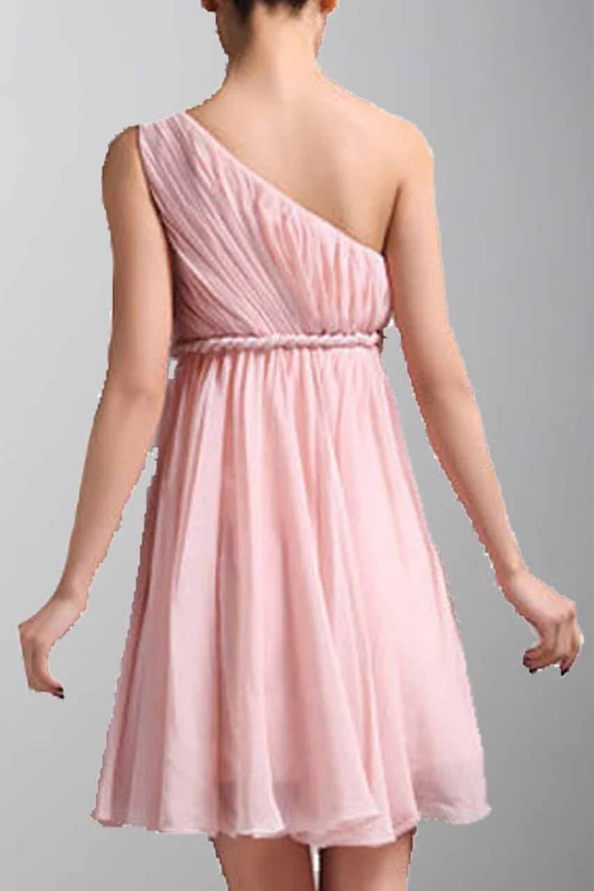 Grecian One Shoulder Bridesmaid Dress in Pink with Short Braided Empire Design