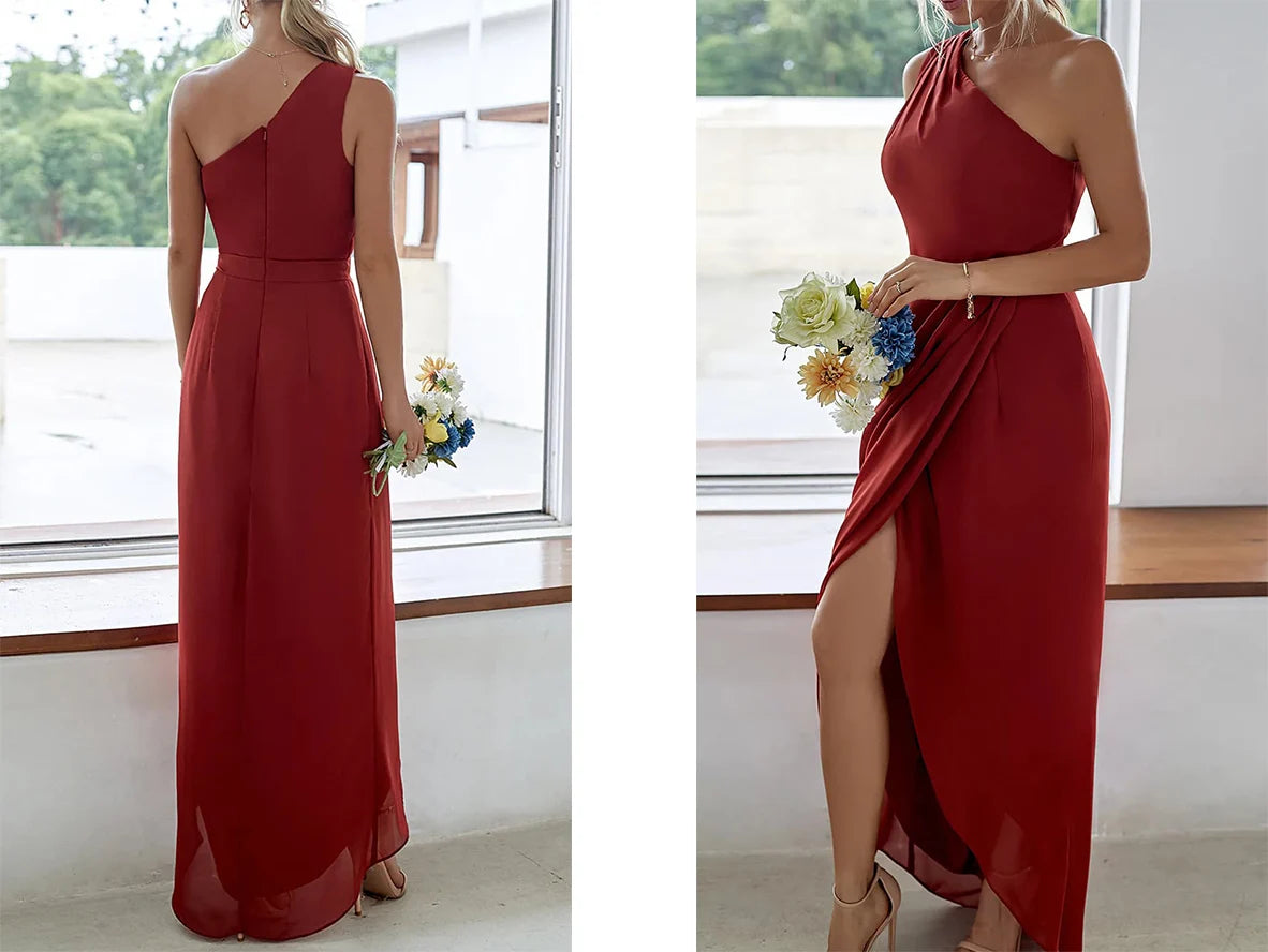 Rust Red One Shoulder Bridesmaid Dress - Tulip Ruched Style P659