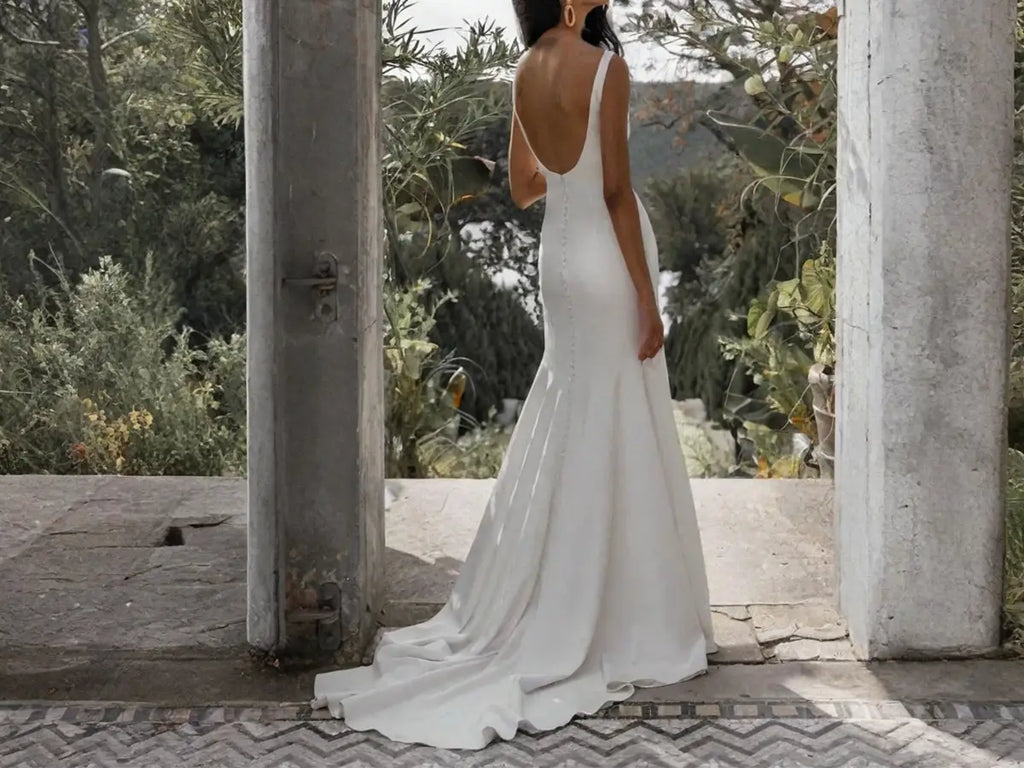 Boat Neck Sheath Wedding Dress with Big U Back P037 - Elegant Bridal Gown