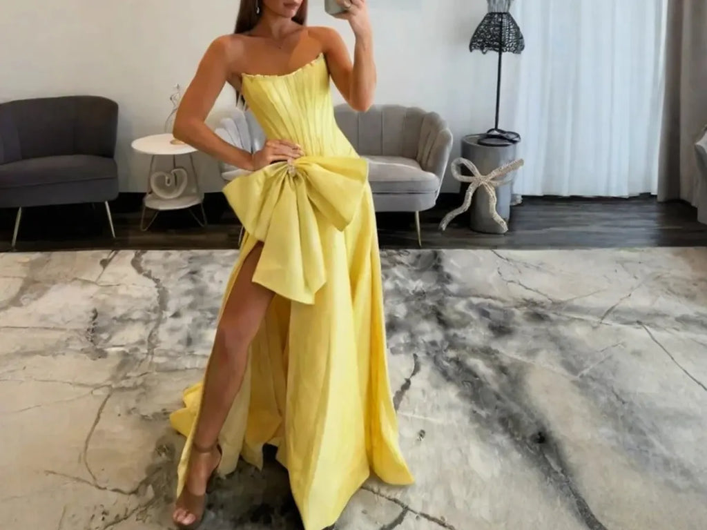 Yellow Strapless Formal Prom Dress with Big Bow Detail - Style P019