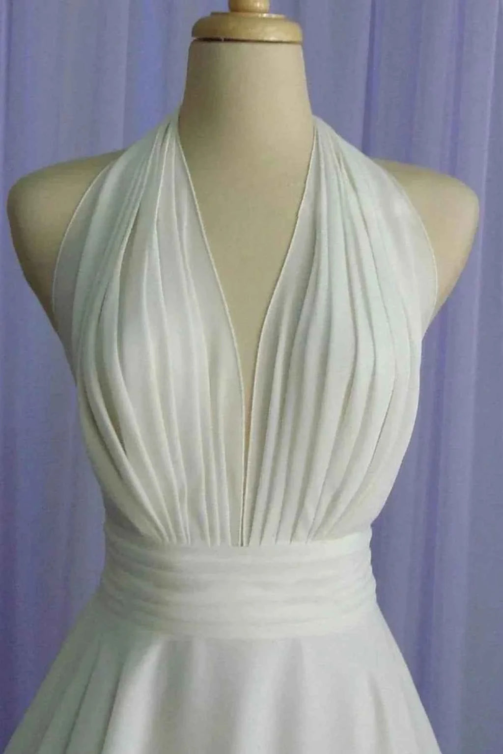 Retro Halter Bridal Gown - Pleated Tea-length A-Line Chiffon Wedding Dress with Keyhole Back