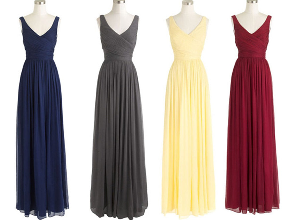 V-neck Cross Pleated Long Bridesmaid Dresses - promboutiqueonline