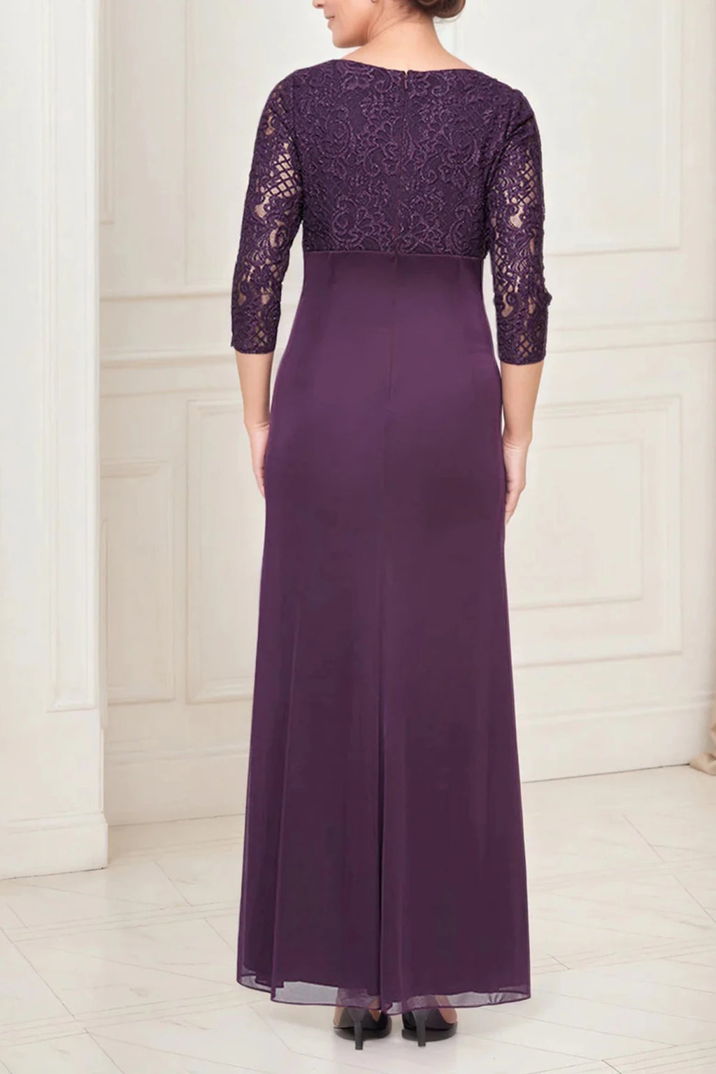 Aubergine Lace Mother of the Bride Dress with 3/4 Sleeves, Ruched Waist & Chiffon Skirt