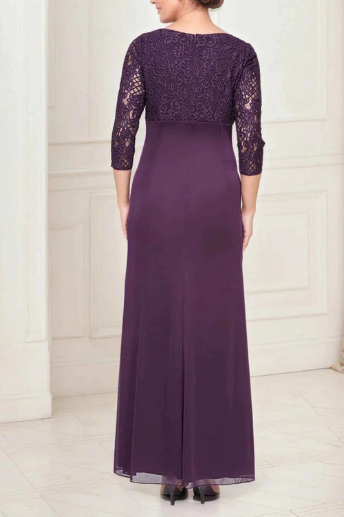 Aubergine Lace Mother of the Bride Dress with 3/4 Sleeves, Ruched Waist & Chiffon Skirt