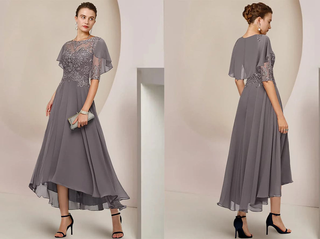 Retro Neutral Color Fit and Flare MOB Dresses with Cape Sleeves for Timeless Elegance