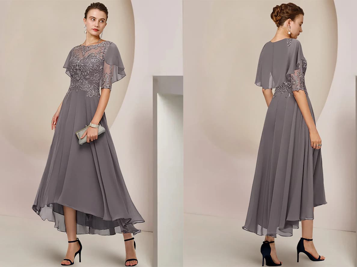 Retro Neutral Color Fit and Flare MOB Dresses with Cape Sleeves for Timeless Elegance