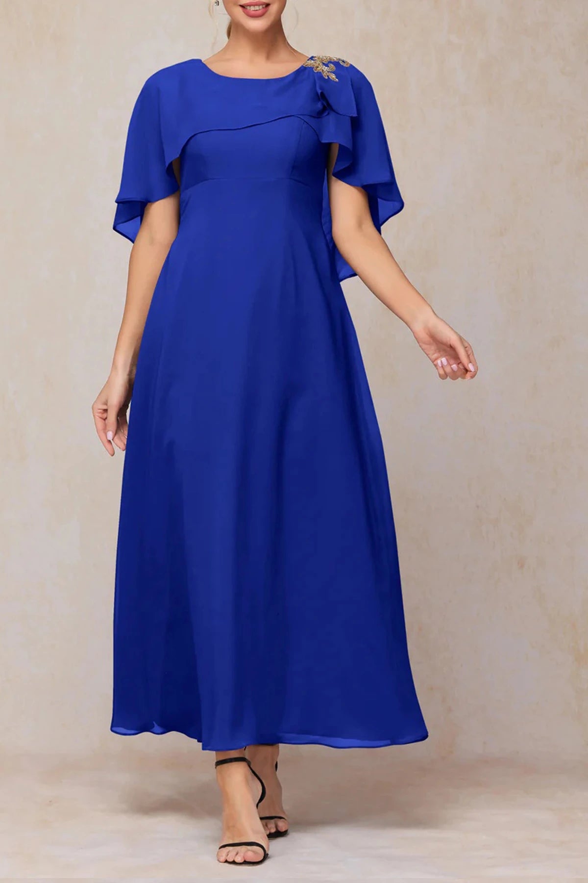 Long royal blue chiffon mother of the bride dress for a formal wedding