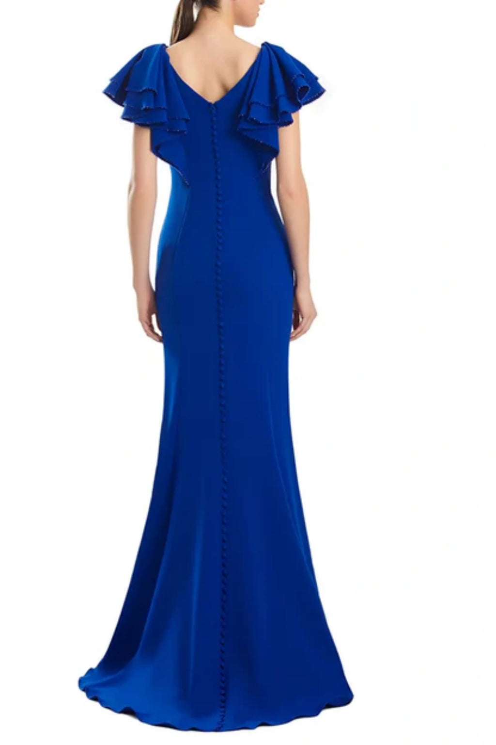 Back view of royal blue mermaid mother of the groom dress featuring V-back, flutter sleeves, and elegant button-down detail