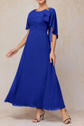 Royal blue chiffon mother of the bride dress with flowing cape sleeves