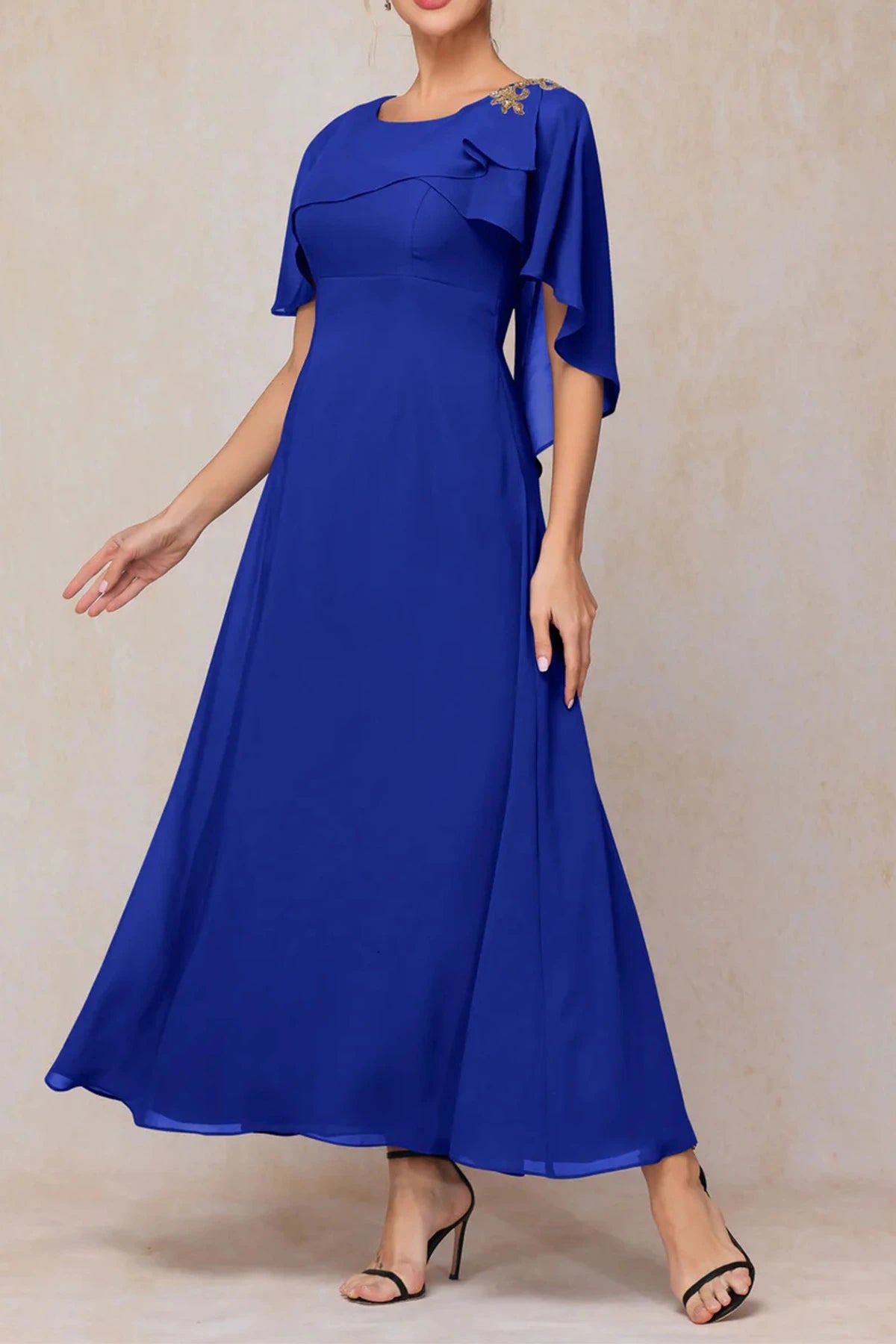 Royal blue chiffon mother of the bride dress with flowing cape sleeves