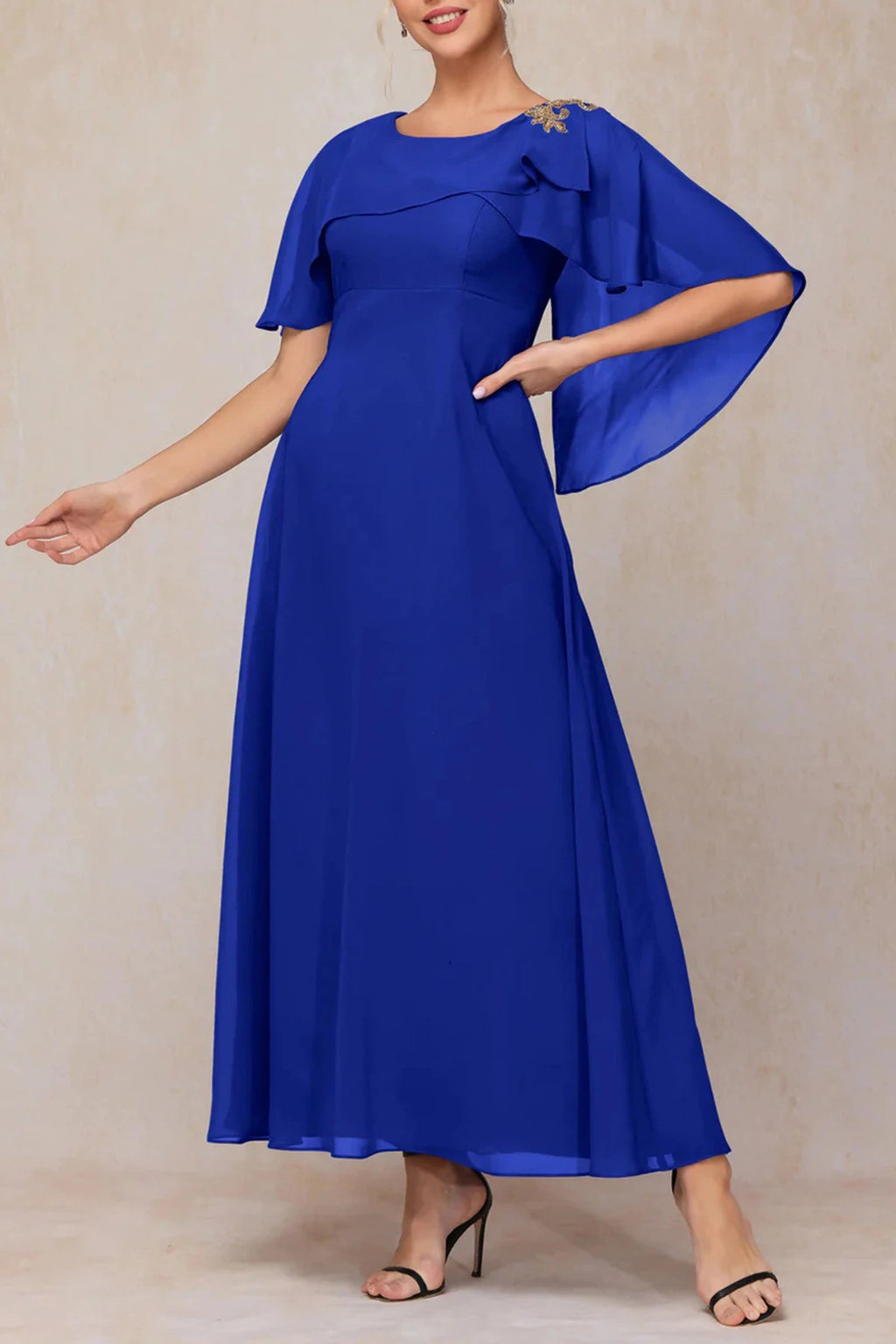 Royal blue chiffon mother of the bride dress with flowing cape sleeves