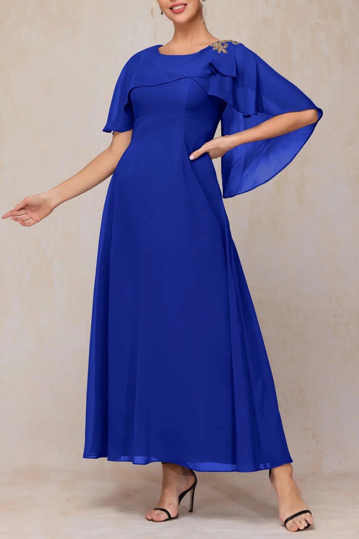 Royal blue chiffon mother of the bride dress with flowing cape sleeves