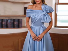 Load image into Gallery viewer, Blue Satin Off Shoulder MOB Dresses with Big Bowknot