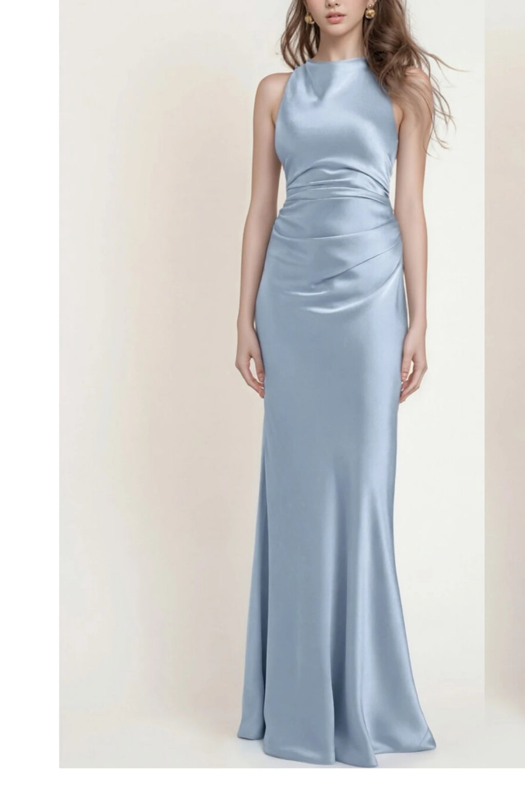 Dusty Blue Satin Sheath Bridesmaid Dress High Neck with Ruched Waist